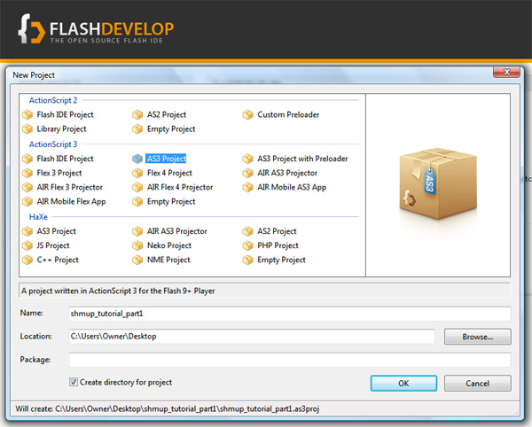 Создайте проект .AS3 с помощью FlashDevelop