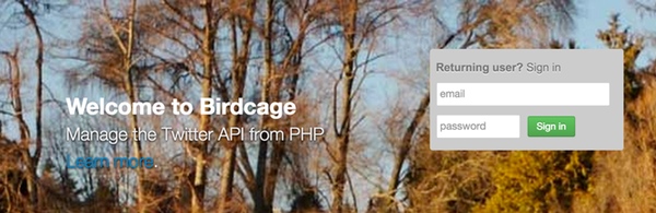 Домашняя страница приложения API BirdCage для Twitter