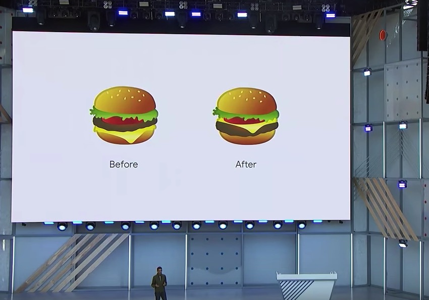 Генеральный директор Google Сундар Пичаи представляет новый и улучшенный гамбургер Emoji