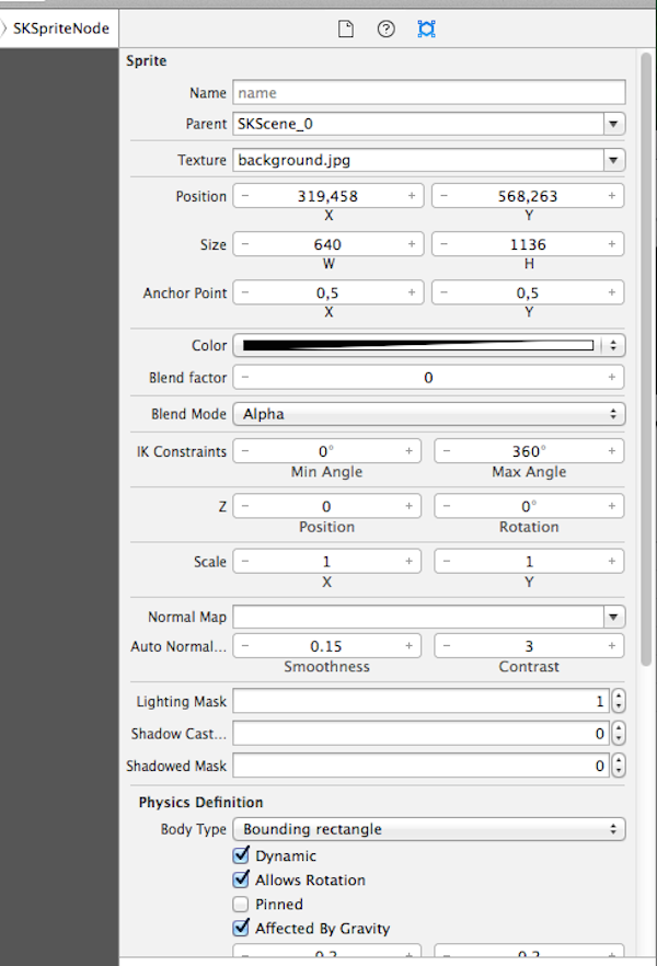 SKSpriteNode Свойства