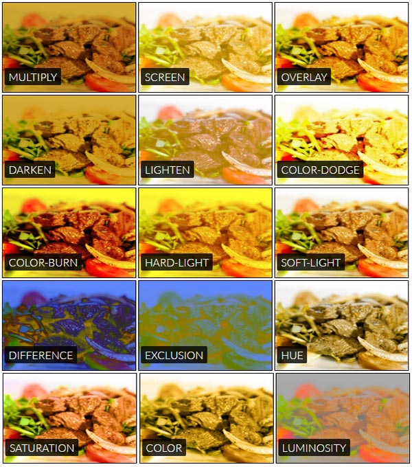 Пример изображения, смешанного с желтоватым цветом с использованием различных режимов наложения