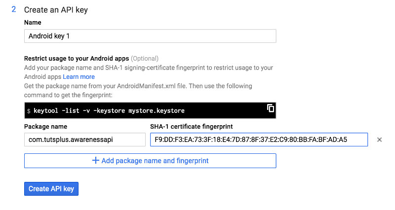 Консоль Google API Добавьте отпечаток SHA1 и имя пакета в проект