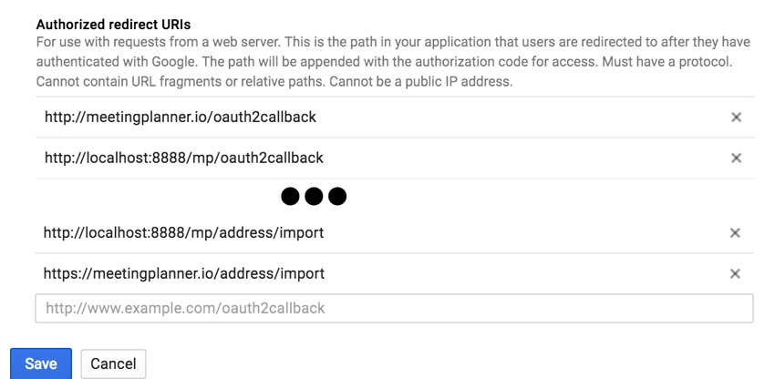 Создание стартапов API контактов Google - нижняя часть формы учетных данных API Google