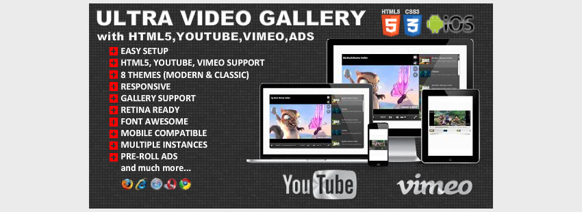 Ультра видео галерея с Youtube Vimeo HTML5 объявления