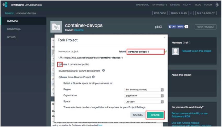 IBM BlueMix и DevOps - всплывающее окно проекта Fork