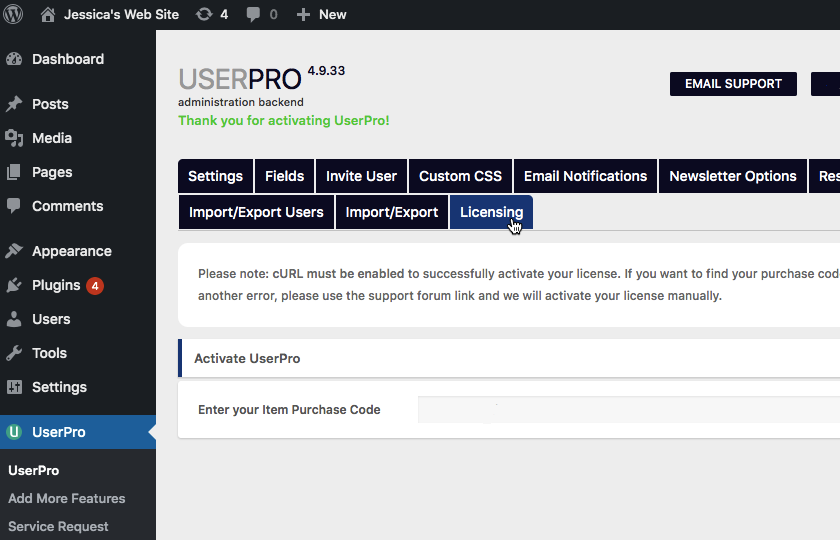 Выберите UserPro в левом меню WordPress, затем выберите Лицензирование.