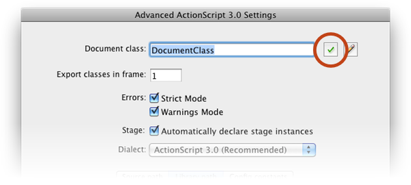 Окно настроек ActionScript 3.0;  нажмите на кнопку галочки.