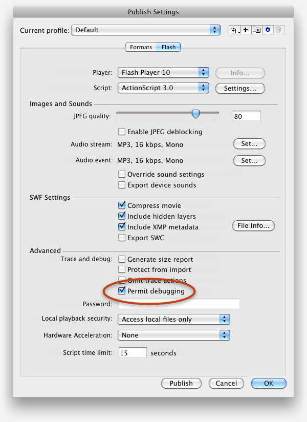 The Permit Debugging option in the Flash Publish settings