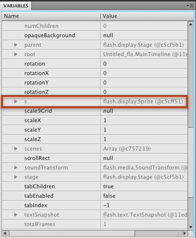 The Variables panel, with the s variable exposed