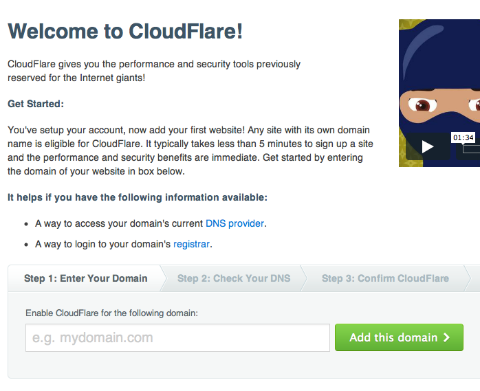Добавьте свой сайт в CloudFlare