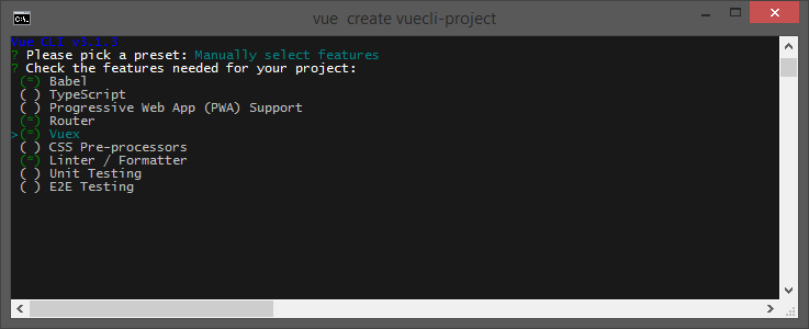 Создайте проект с помощью Vue CLI. Выберите функции вручную