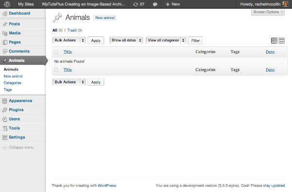 Администратор WordPress, показывающий страницу со списком для нового пользовательского типа поста «животные»