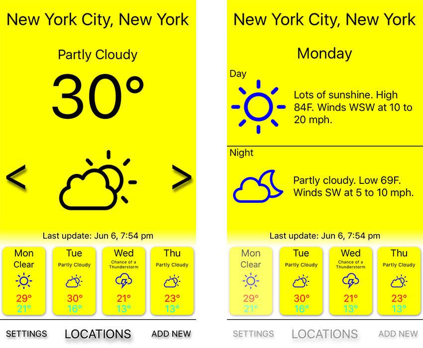 Скриншоты шаблона приложения Simple Weather V