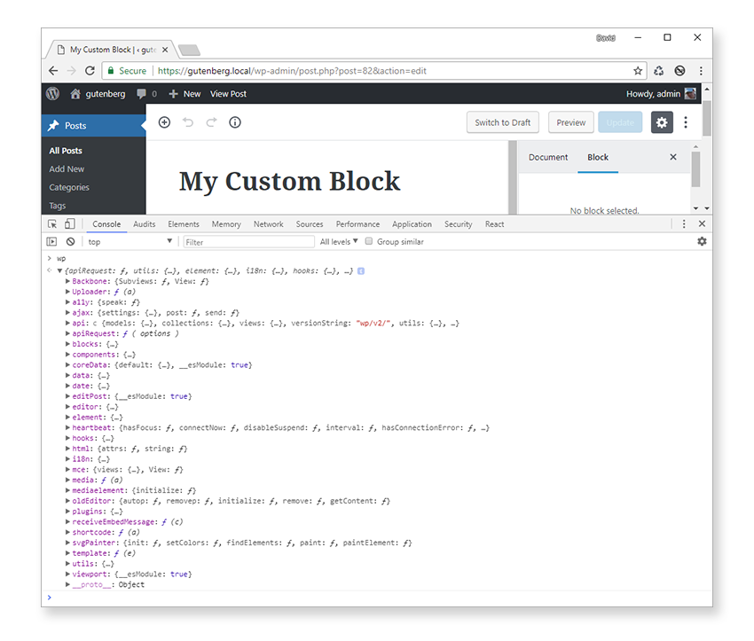 Block API objects added to global wp JavaScript object