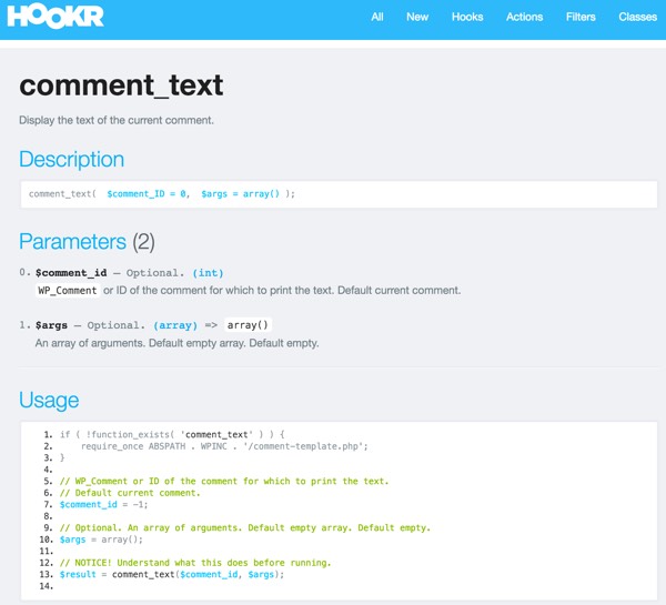 Плагин Hookr WordPress - описание функции WordPress comment_text