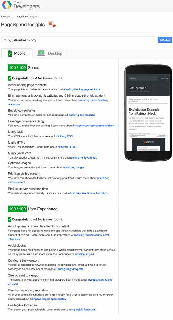 Mobile PageSpeed ​​счет 100