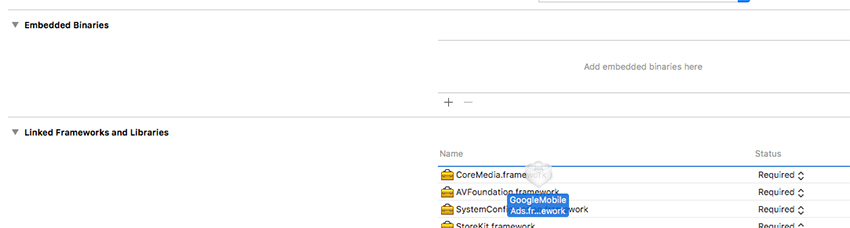 Перетащите GoogleMobileAdsframework в окно Xcode