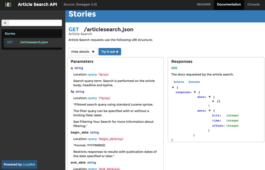 Нью-Йорк Таймс API - Документация статьи поиска json