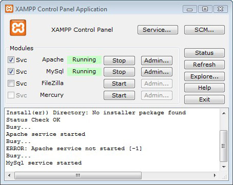 Панель управления Xampp запущена