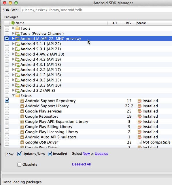 В Android SDK Manager выберите Android M и Android Support Repository, а затем нажмите «Установить»