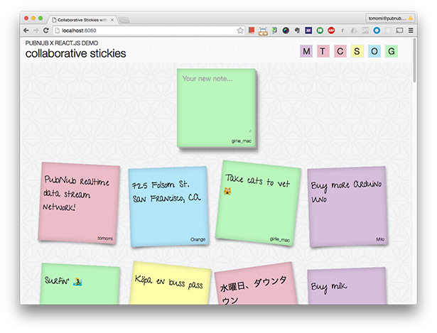 Веб-приложение PubNub Reactjs Stickie