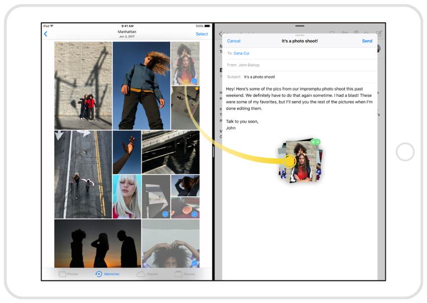 Перетащите на iPad между фотографиями и источником почты Apple