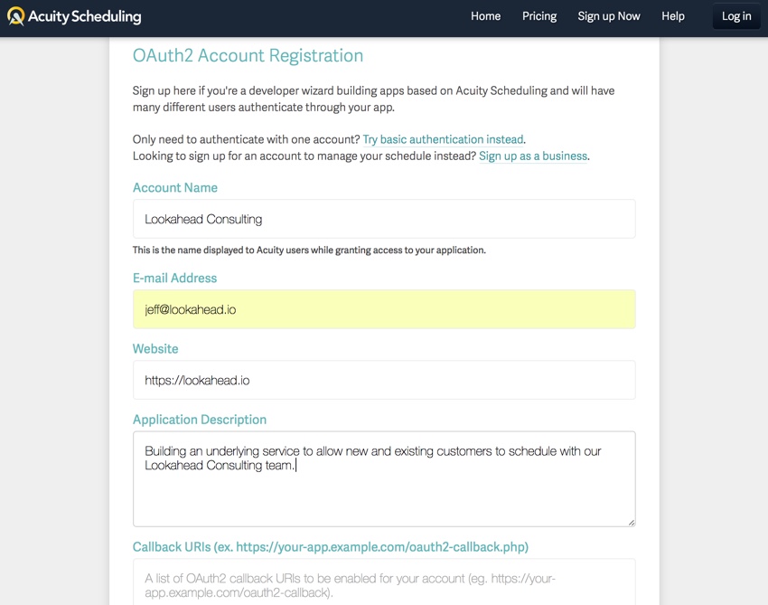 API разработчика Acuity Scheduling - регистрация учетной записи OAuth2