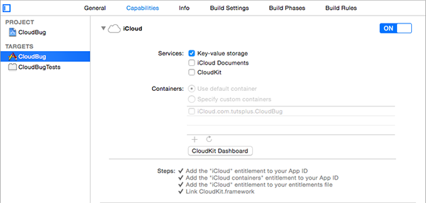 Включение iCloud для CloudBug Target