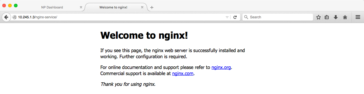 Страница приветствия подтверждает, что NGINX Plus балансирует нагрузку наших сервисов Kubernetes.