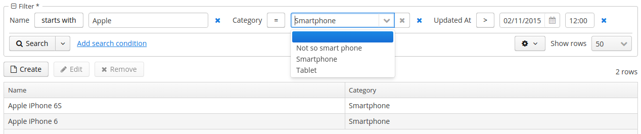 Выберите все продукты, которые начинаются с Apple, в категории Smartphone, которые изменились с 2/11/15
