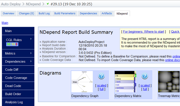 Отчет NDepend доступен через вкладку на странице сборки