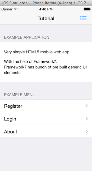 Приложение Framework7 с каркасом PhoneGap