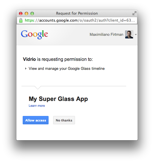 Мы разрешаем Googleware доступ к нашему устройству Glass через веб-сайт с использованием OAuth 2.0