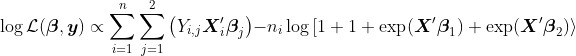 http://latex.codecogs.com/gif.latex?\log%20\mathcal{L}(\boldsymbol{\beta},\boldsymbol{y})\propto%20\sum_{i=1}^n % 20 \ sum_ {J = 1} ^ 2% 20 \ влево (Y_ {I, J}% 20 \ boldsymbol {X}% 27-i \ boldsymbol {\ бета} _j \ справа)% 20-% 20n_i \ войти \ левый [1 + 1 + \ ехр (\ boldsymbol {X}% 27 \ boldsymbol {\ бета} -1) + \ ехр (\ boldsymbol {X}% 27 \ boldsymbol {\ бета} _2) \ вправо]