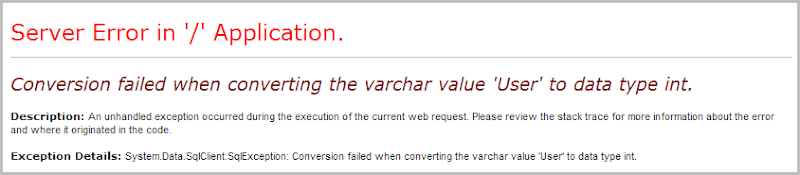Ошибка преобразования при преобразовании значения varchar 'User' в тип данных int.