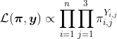 http://latex.codecogs.com/gif.latex?\mathcal{L}(\boldsymbol{\pi},\boldsymbol{y})\propto%20\prod_{i=1}^n%20\prod_ {J = 1} ^ 3% 20 \ pi_ {I, J} ^ {Y_ {I, J}}