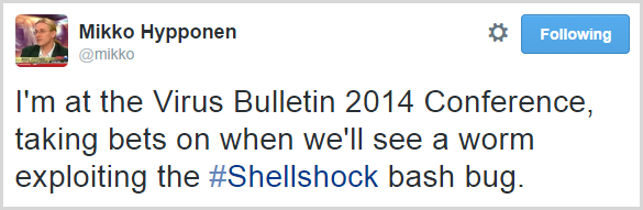 Я на конференции Virus Bulletin 2014 и принимаю ставки, когда увидим червя, использующего ошибку bash #Shellshock.
