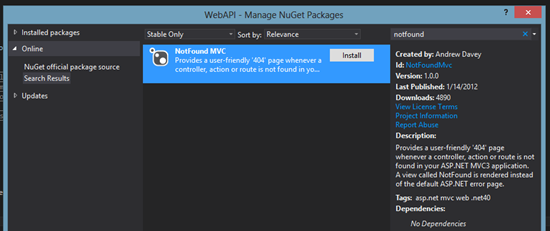 Установка пакета NotFoundMVC NuGet