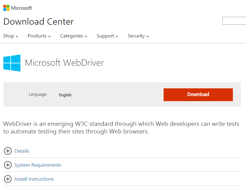 Загрузить Microsoft Edge WebDriver