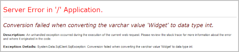Ошибка преобразования при преобразовании значения varchar 'Widget' в тип данных int.