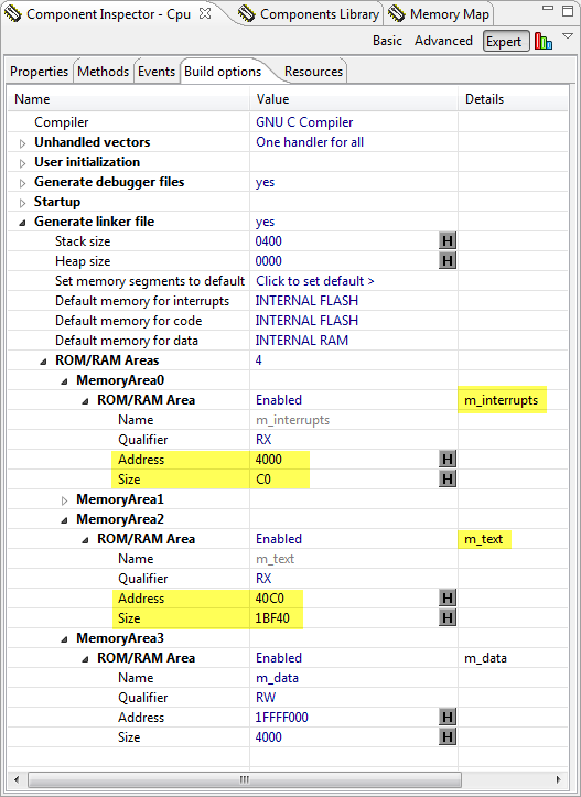 Application Memory Area Settings