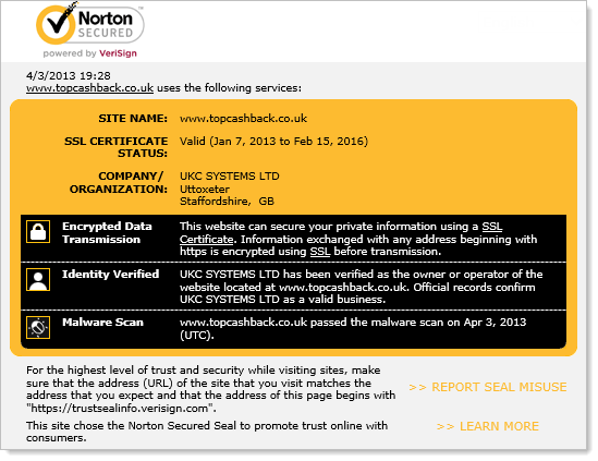 Norton Secured отчет о безопасности сайта