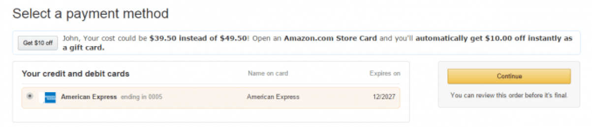 Выберите способ оплаты Amazon