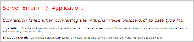 Ошибка преобразования при преобразовании значения varchar 'P @ ssw0rd' в тип данных int.