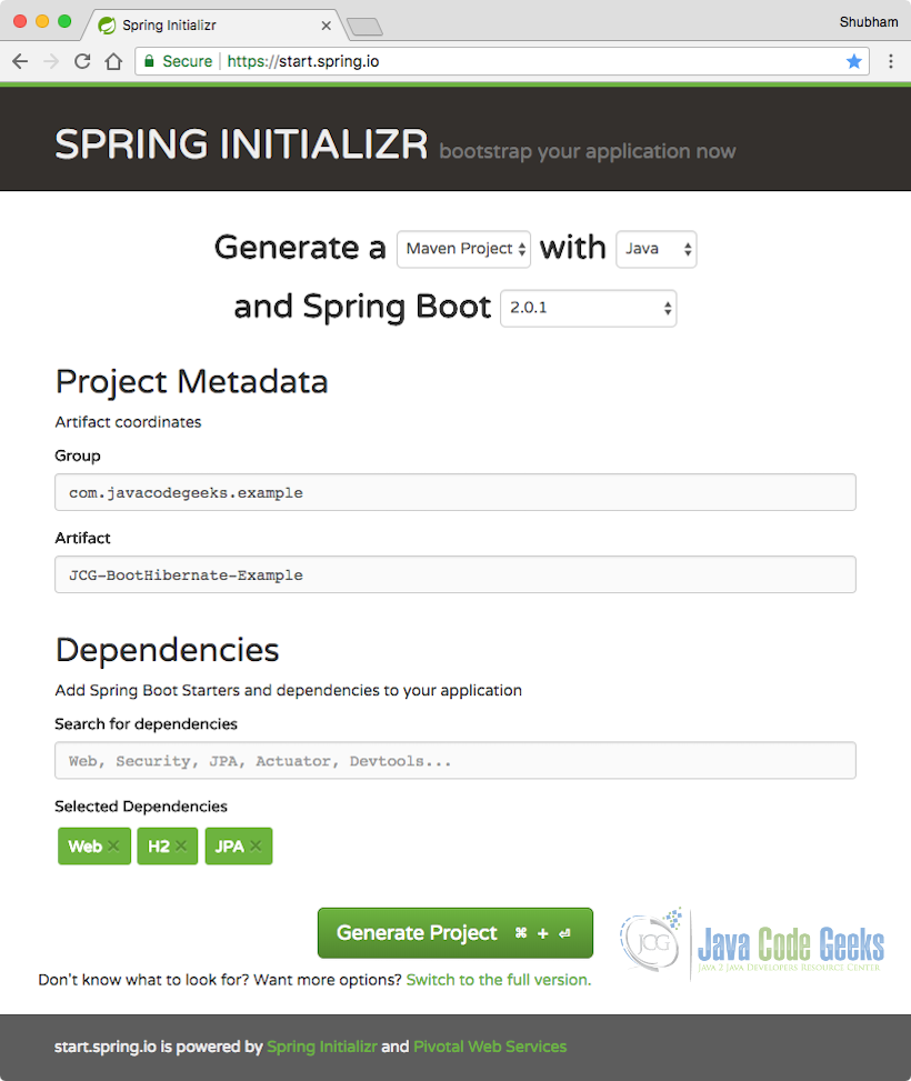 Конфигурация Spring Initializr