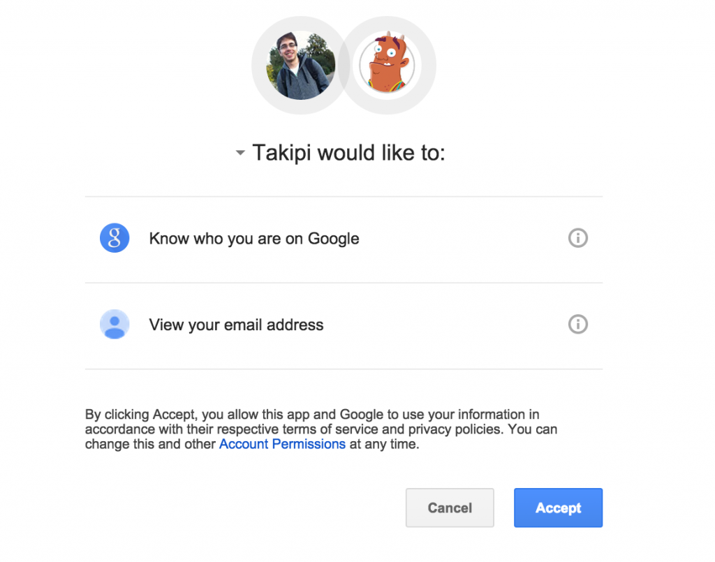 Страница разрешений Google - настроенная для Takipi
