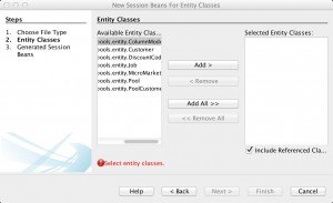 Рисунок 3: Диалоговое окно сессионных компонентов NetBeans для классов сущностей