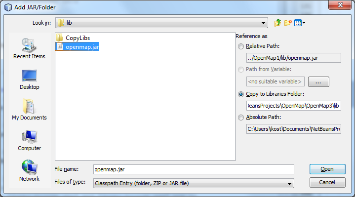 Рисунок 5: Добавьте openmap.jar в вашу папку Libraries
