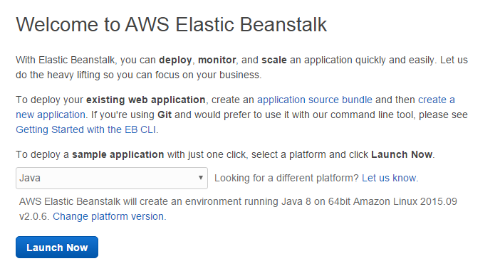 Выберите платформу Amazon Elastic Beanstalk