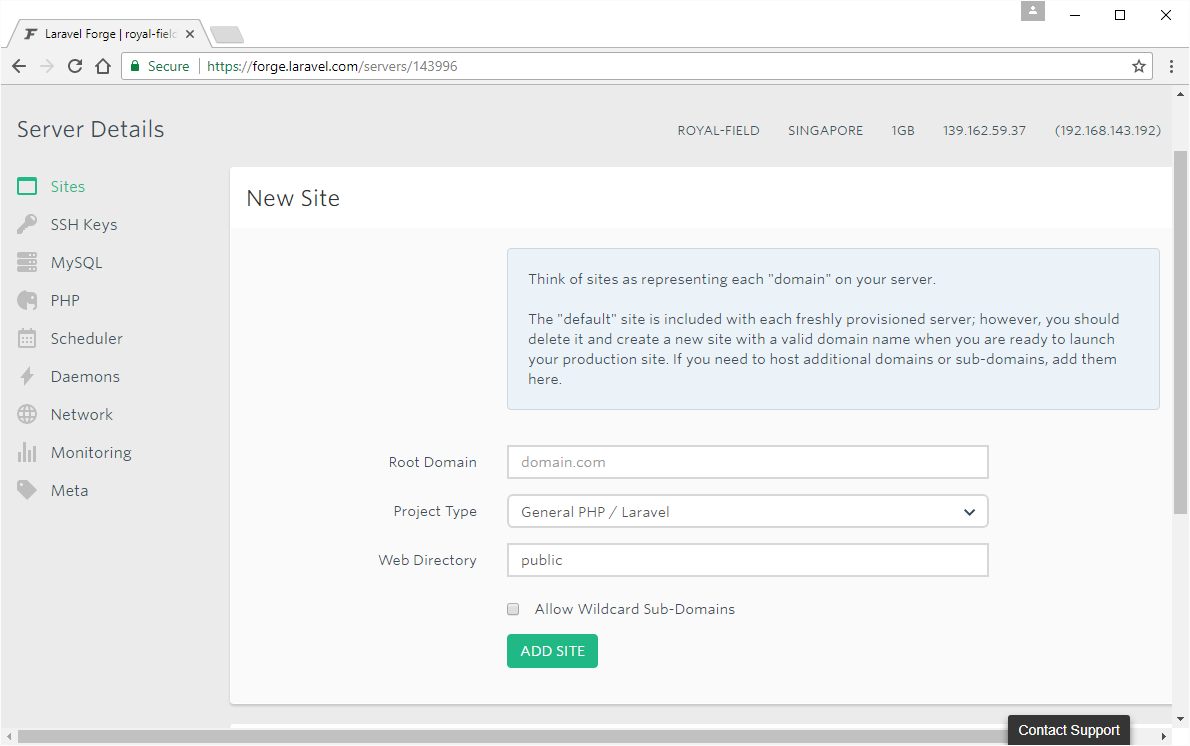 Подключение сервера в Laravel Forge
